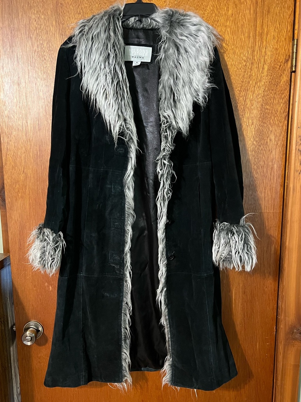 Vintage Wilsons Leather Black Suede Trench Coat with Gray Faux Fur Trim